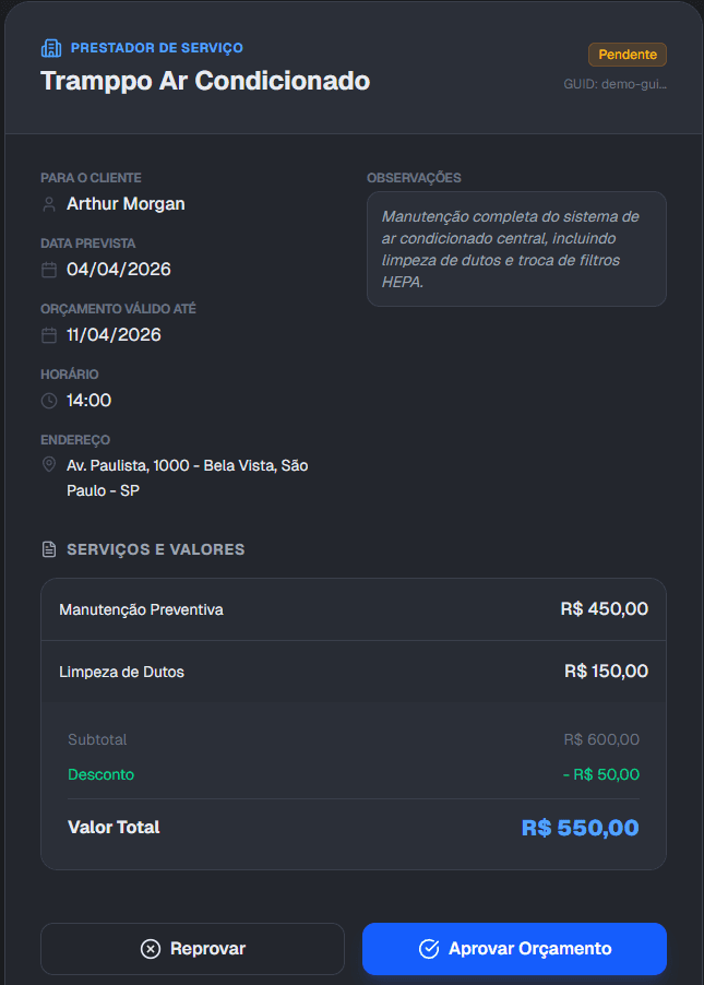 Portal exclusivo onde seu cliente aprova o orçamento direto pelo celular - Tramppo